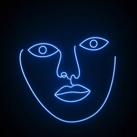 Neon blue line-art face on black. Need U