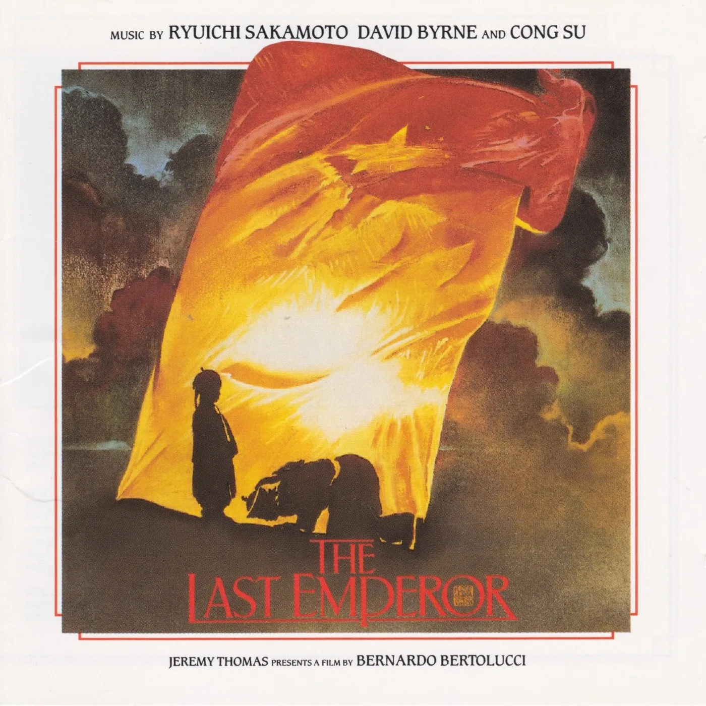 The Last Emperor soundtrack cover. child emperor and bowing figure under a yellow banner