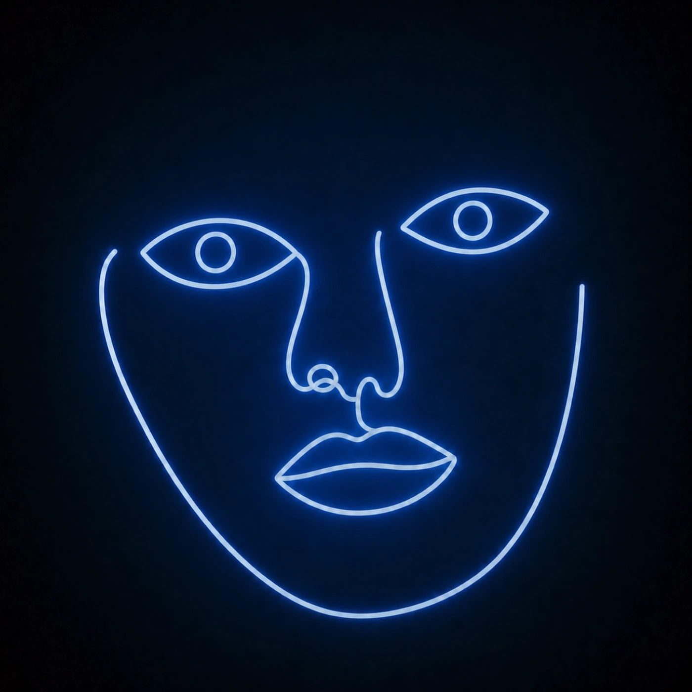 Neon blue line-art face on black. Need U
