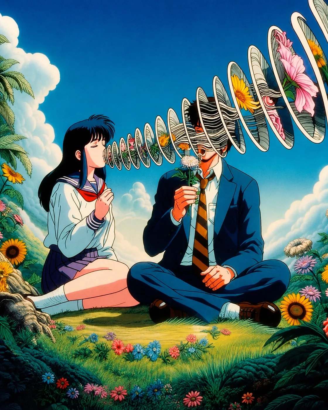 Surreal anime-style illustration of two figures in a flower field. Together